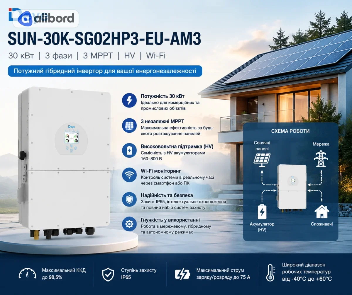 Гібридний інвертор Deye SUN-30K-SG02HP3-EU-AM3 (30 кВт, 3 фази, 3 MPPT, HV, Wi-Fi)