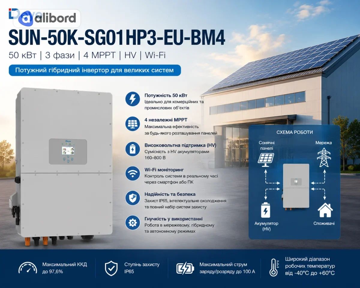 Гібридний інвертор Deye SUN-50K-SG01HP3-EU-BM4 (50 кВт, 3 фази, 4 MPPT, HV, Wi-Fi)