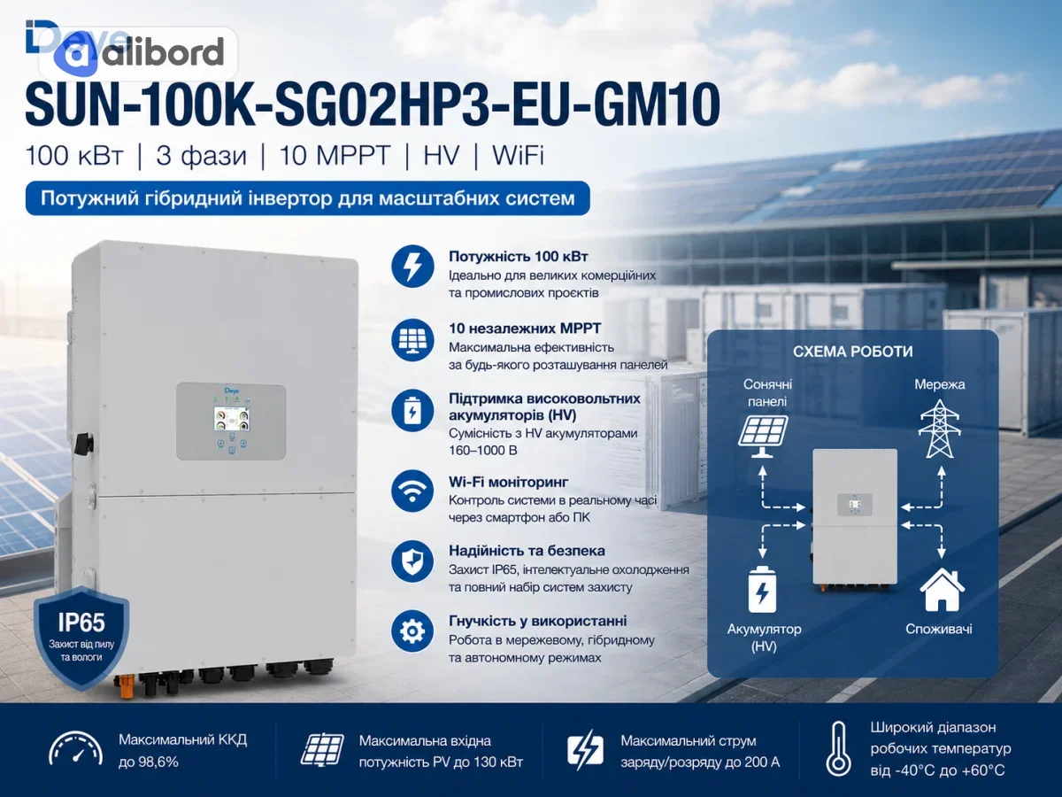 Інвертор SUN-100K-SG02HP3-EU-GM10 (100 кВт, 3 фази, HV, 10 MPPT, WiFi)