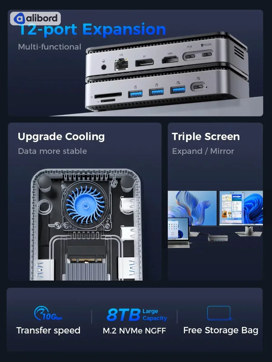 ORICO 12-in-1 USB C док-станція з активним охолодженням M.2 NVMe NGFF SSD Enclosure 10Gbps 8K 30Hz — фото 2