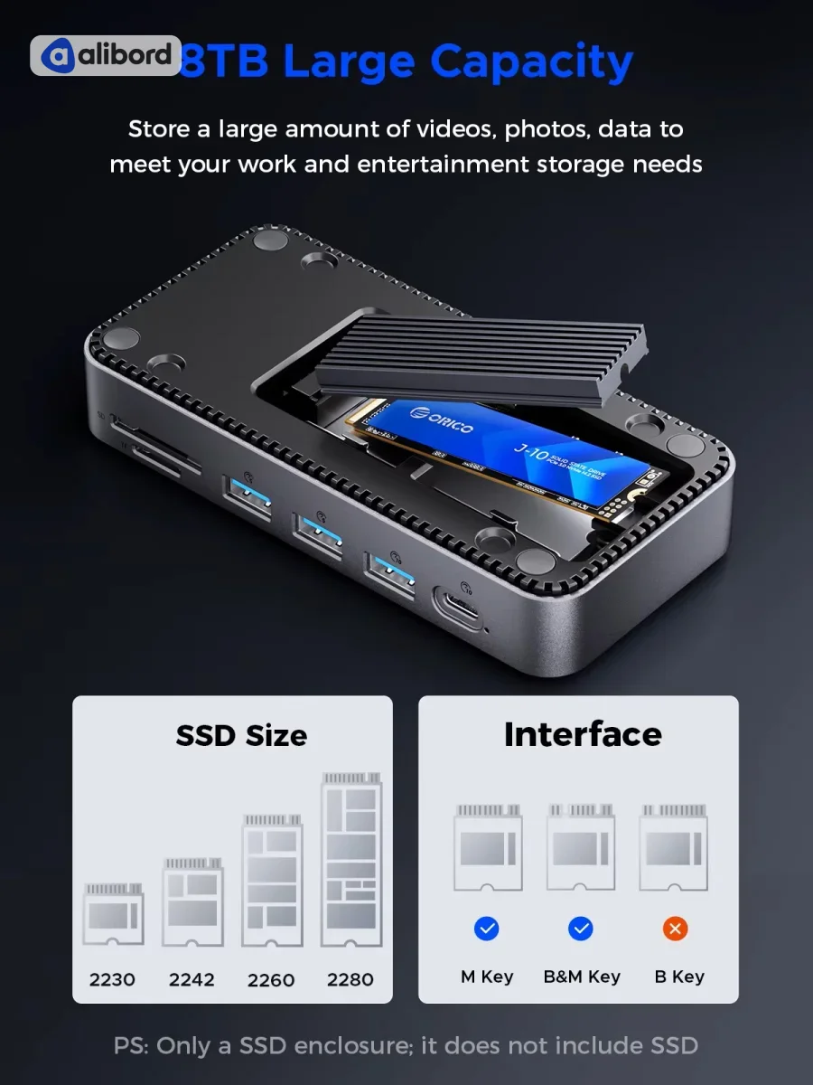 ORICO 12-in-1 USB C док-станція з активним охолодженням M.2 NVMe NGFF SSD Enclosure 10Gbps 8K 30Hz — фото 4
