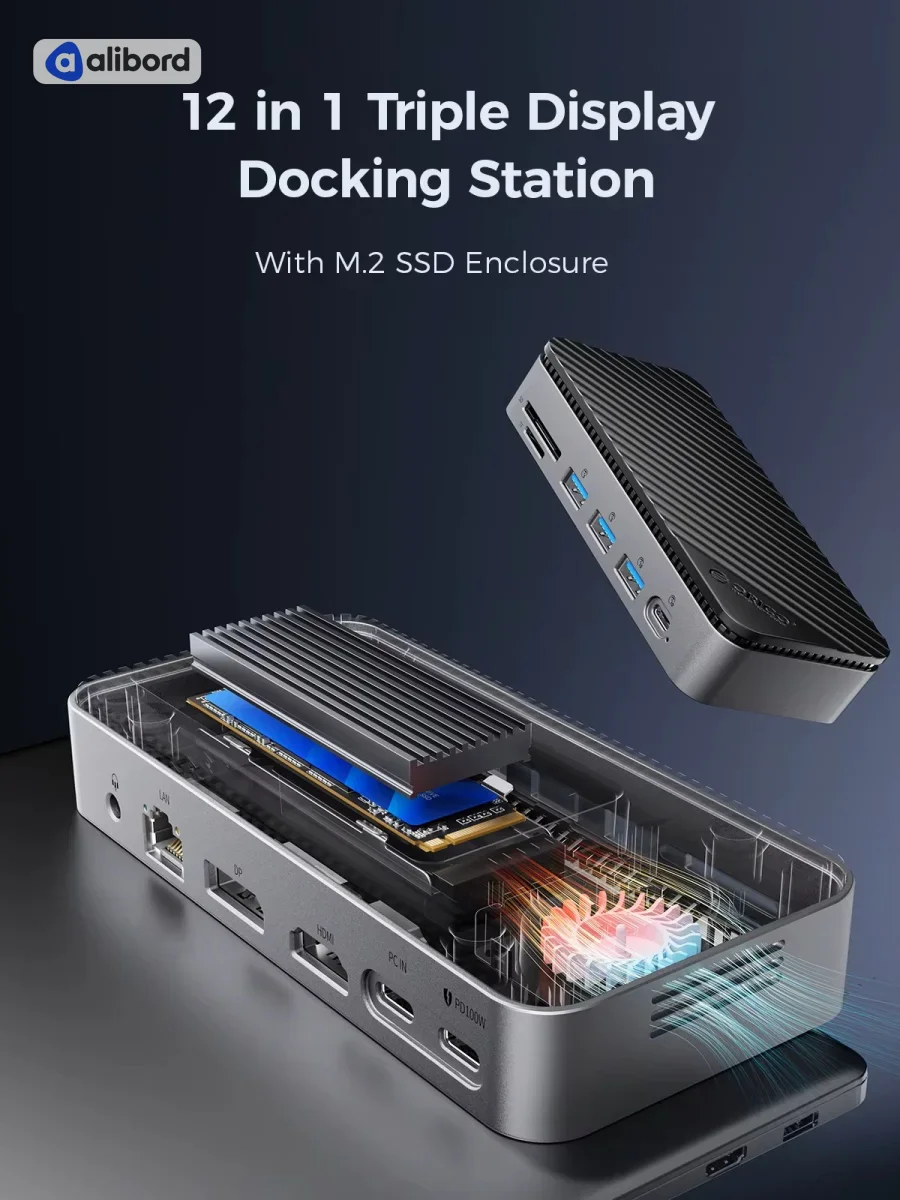 ORICO 12-in-1 USB C док-станція з активним охолодженням M.2 NVMe NGFF SSD Enclosure 10Gbps 8K 30Hz