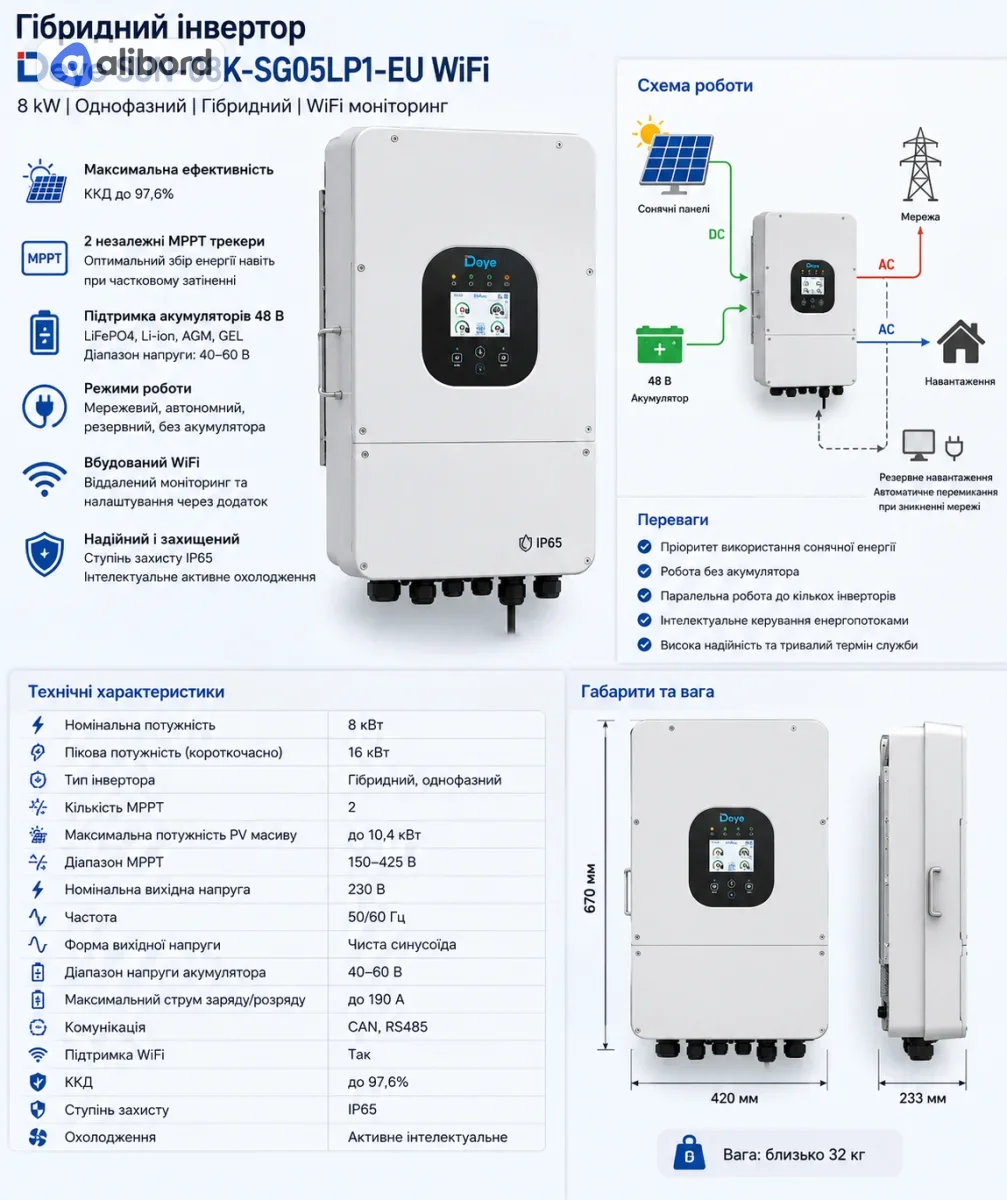 Інвертор SUN-08K-SG05LP1-EU DEYE WIFI (8 KW, 1 ФАЗА, 2 MPPT, LV)